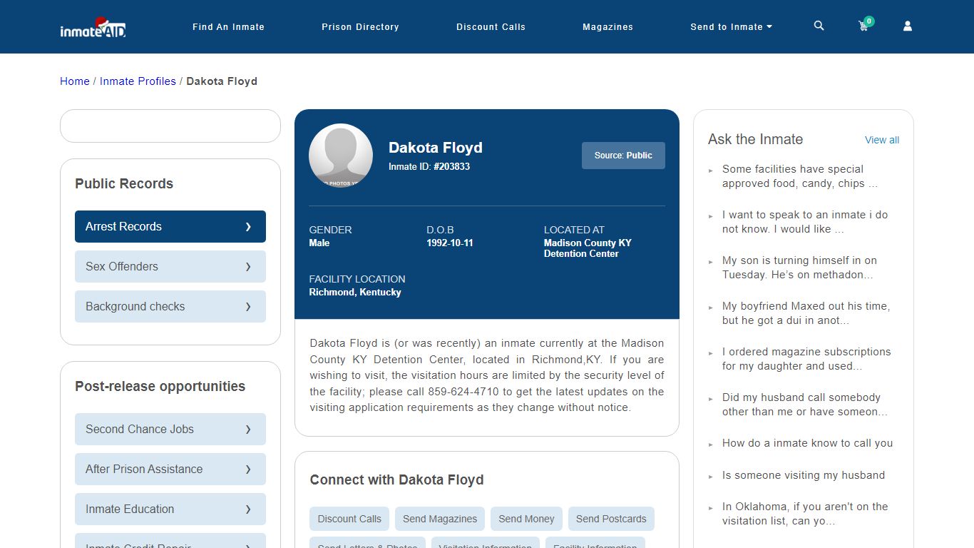 Inmate Search: Dakota Floyd 203833, Richmond, Kentucky
